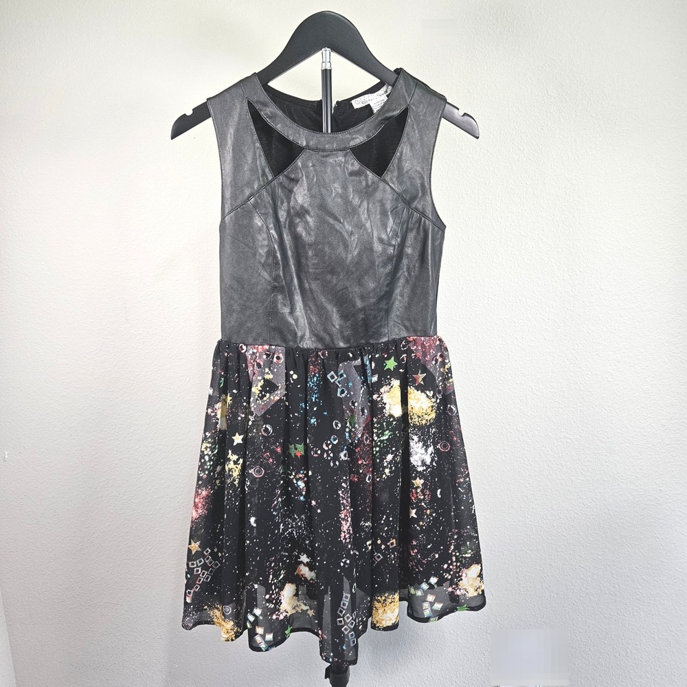 Sans Souci Mini Dress Women Medium Black Galaxy Faux Leather Cutout Galaxycore